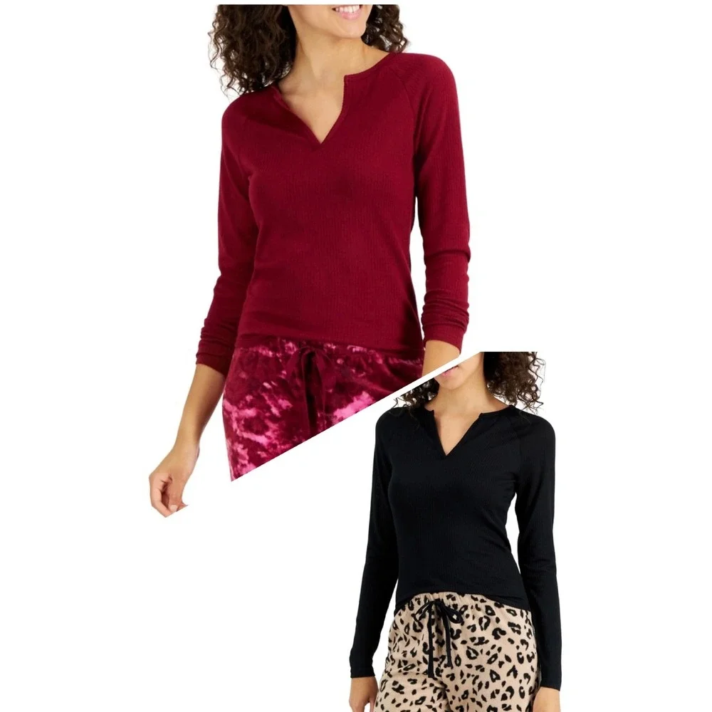 Jenni Women's Split-Neck Pajama Top Bundle of 2 - Black - Wine -‎ Size Small